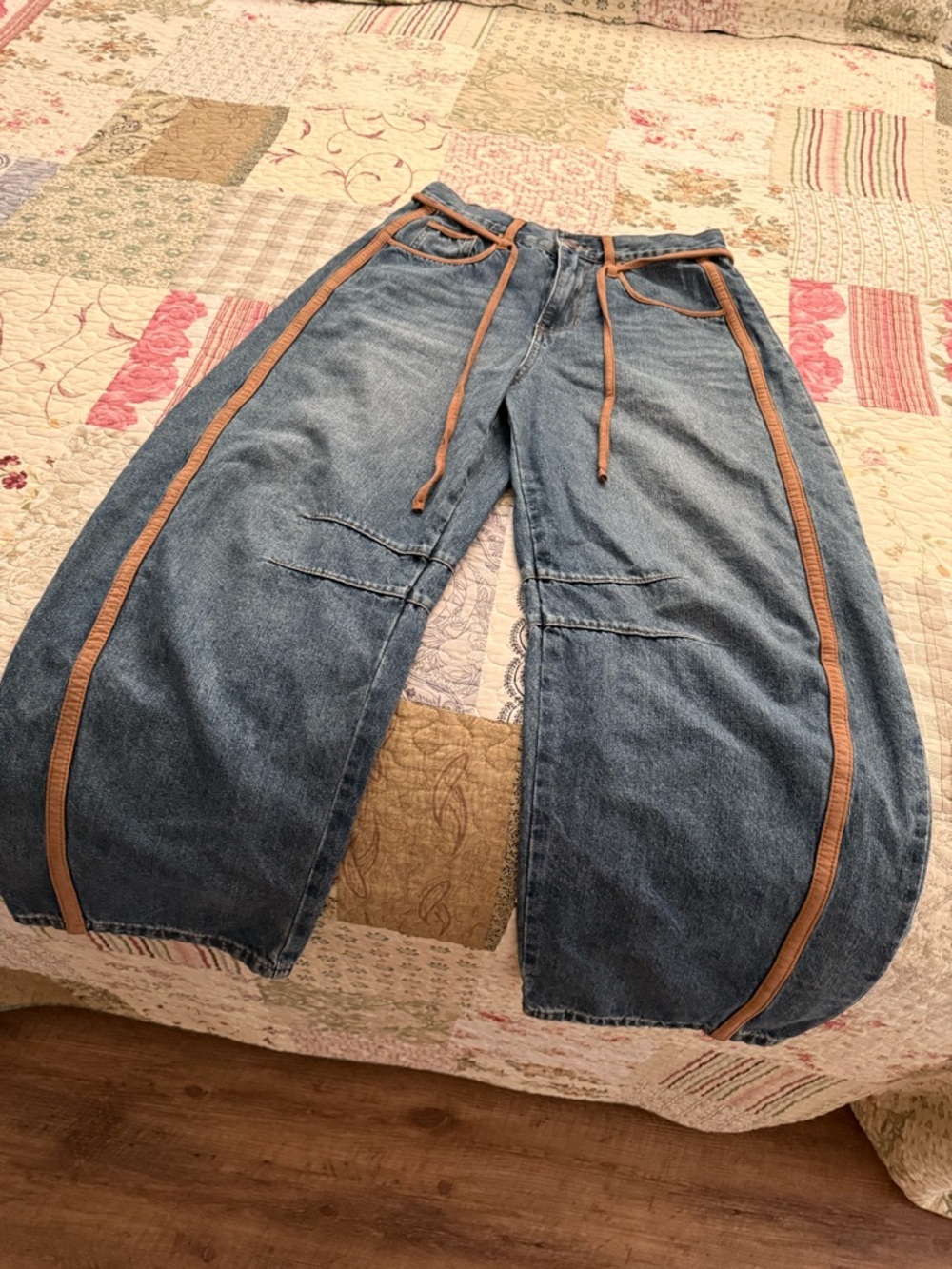 Rodeo Quincy Barrel Wide-Leg Denim Pants with Tan Trim